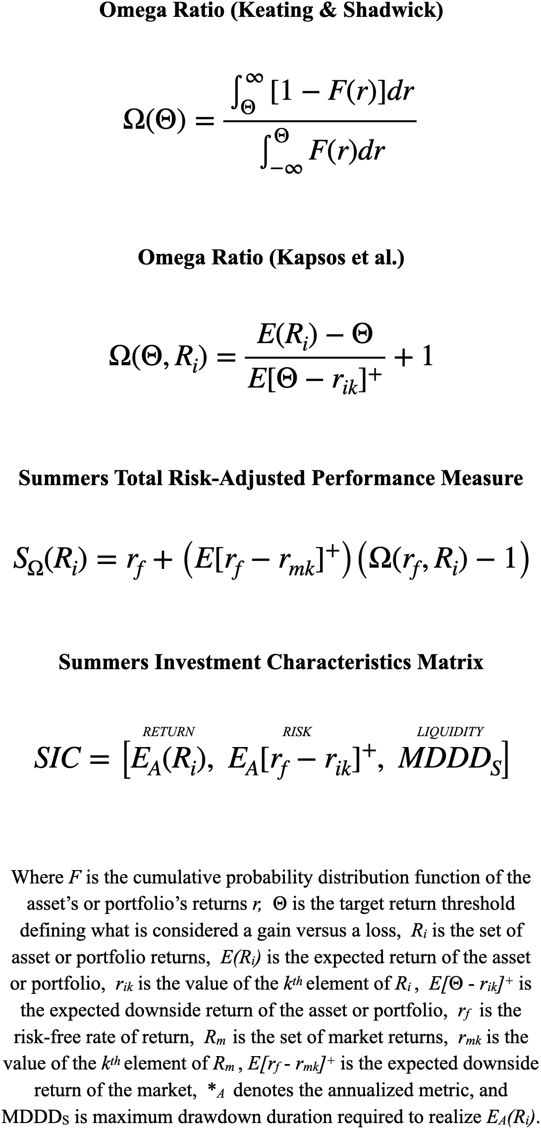 Summers Total Risk-Adjusted Performance Measure & Investment Characteristics Matrix